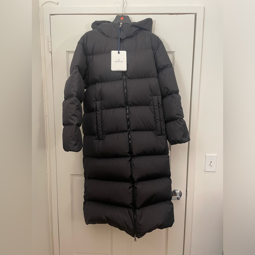 Brand new with tags Moncler Hooded Long Puffer Jacket with snaps. Black size 1